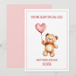 Cute Pink Balloon Teddy Bear Happy 4th Birthday Card