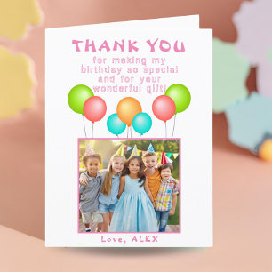 Cute Pink Balloons Kids Birthday Photo Thank You Card