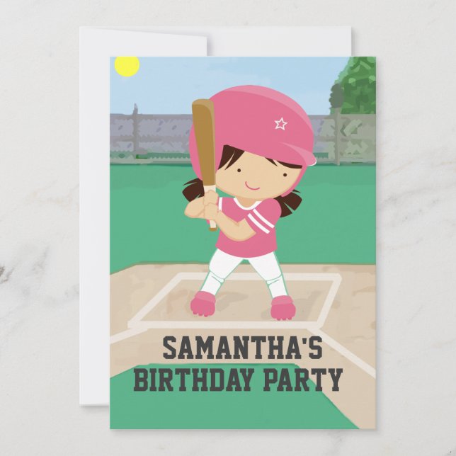 Cute Pink Baseball Girl Birthday Party Invitation (Front)
