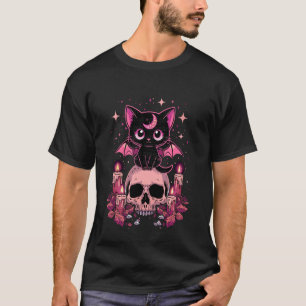 Cute Pink Bat Cat Sitting On Skull Skeleton Candle T-Shirt