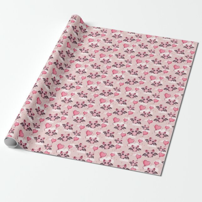  Cute pink bats and hearts Wrapping Paper (Unrolled)