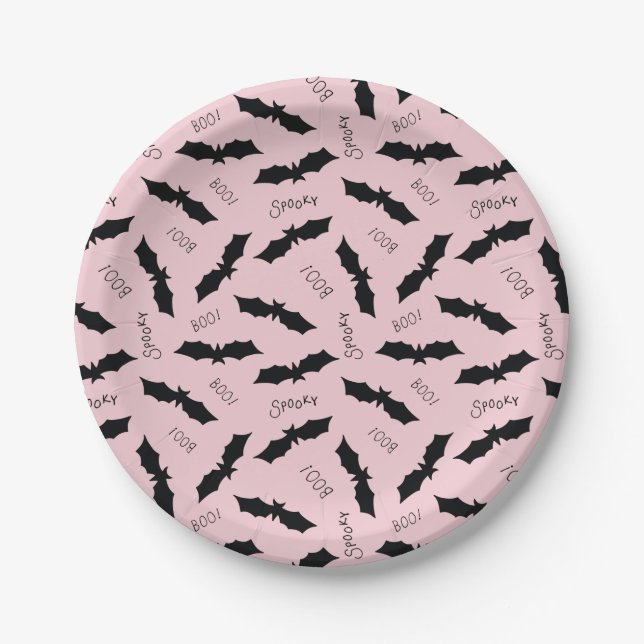 Cute Pink Bats Halloween Party Paper Plate (Front)