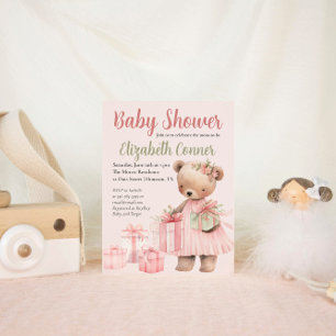 Cute Pink Bear Baby Shower Girl Invitation