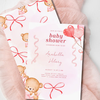 Cute Pink Bear Bows & Balloons Baby Shower  Invitation