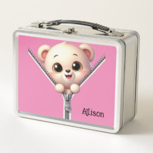 Cute Pink Bear Customisable Name  Metal Lunch Box