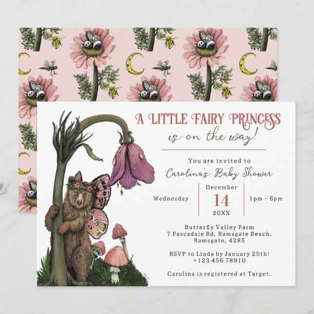 Cute Pink Bear Fairy Princess Girl Baby Shower Invitation (Front/Back)
