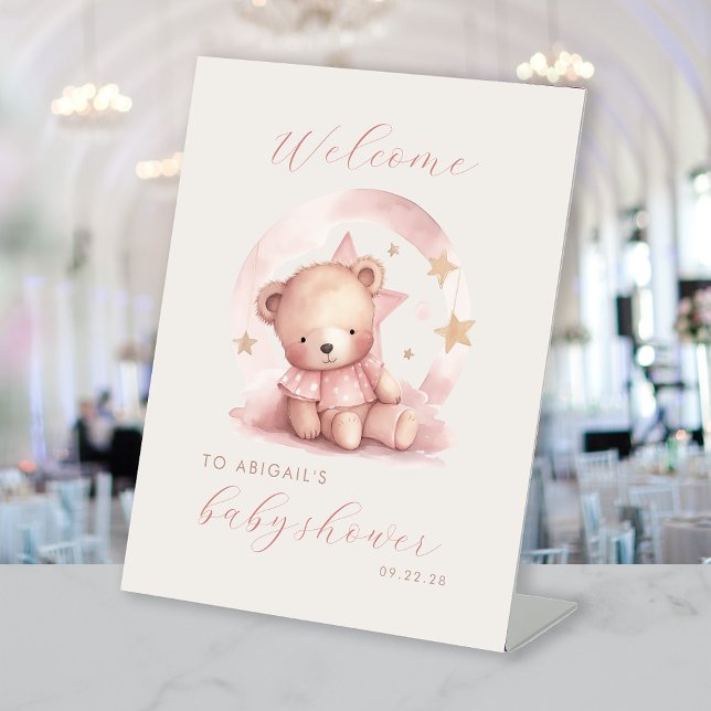 Cute Pink Bear Girls Baby Shower Welcome Pedestal Sign (Creator Uploaded)