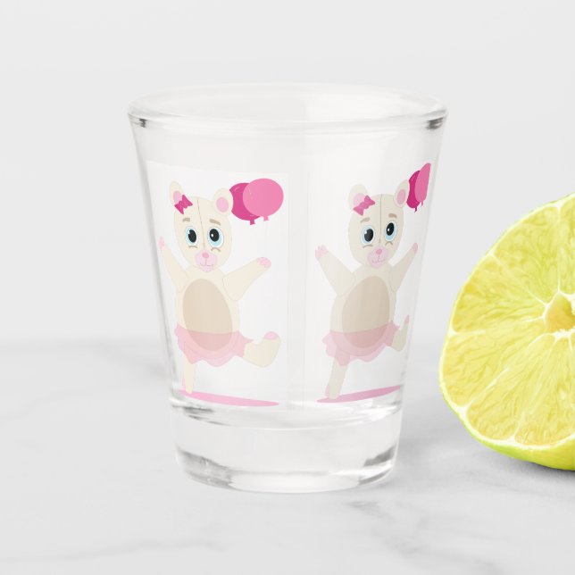 cute pink bear with 2 balloons shot glass (Front)