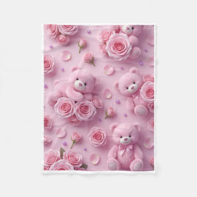 Cute Pink Bears In Floral Pattern Fleece Blanket (Front)