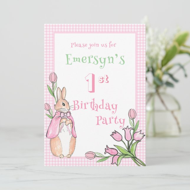 Cute Pink Beatrix Potter 1st First Birthday Party  Invitation (Standing Front)