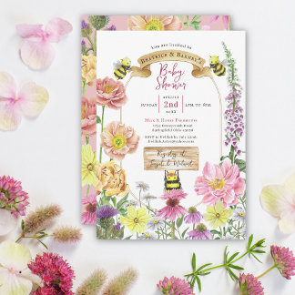 Cute Pink Bee and Wildflower Coed Baby Shower Invitation