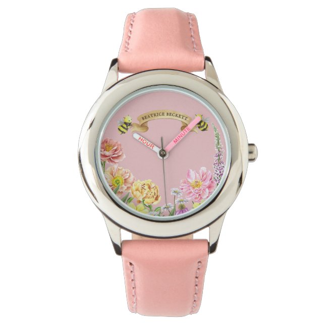 Cute Pink Bee and Wildflower Girl's Birthday Watch (Front)
