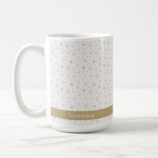Cute Pink & Beige Snowflake Pattern Christmas Name Coffee Mug