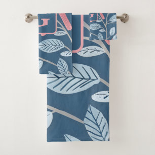 Cute pink bird blue grey personalised monogram bath towel set