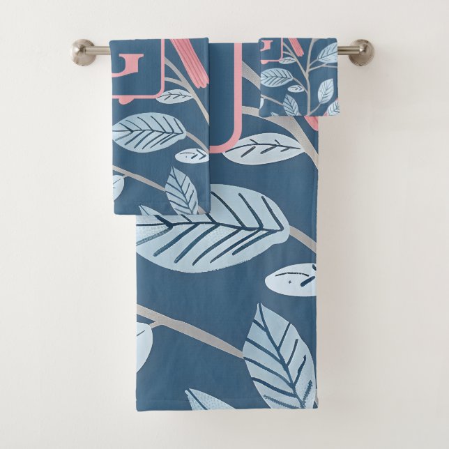 Cute pink bird blue grey personalised monogram  bath towel set (Insitu)