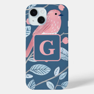 Cute pink bird blue grey personalised monogram  iPhone 15 case