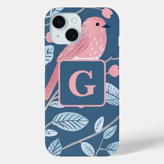 Cute pink bird blue grey personalised monogram  Case-Mate iPhone case (Back)