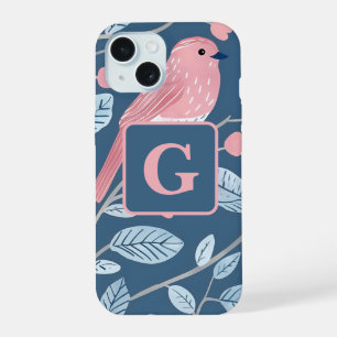 Cute pink bird blue grey personalised monogram iPhone 15 case