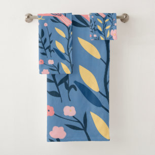 Cute pink bird on blue grey Throw Pillow Bath Towel Set