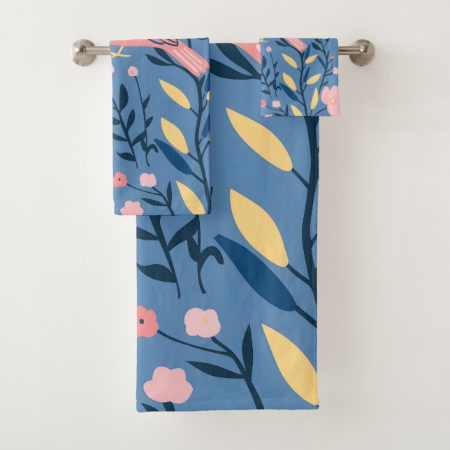 Cute pink bird on blue grey Throw Pillow Bath Towel Set (Insitu)