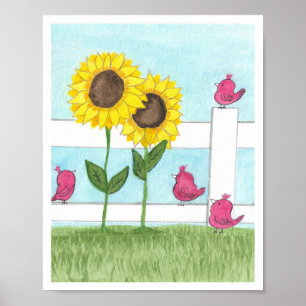 Cute Pink Birds and Sunflowers Poster