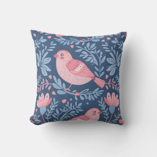 Cute pink birds on blue gray cushion