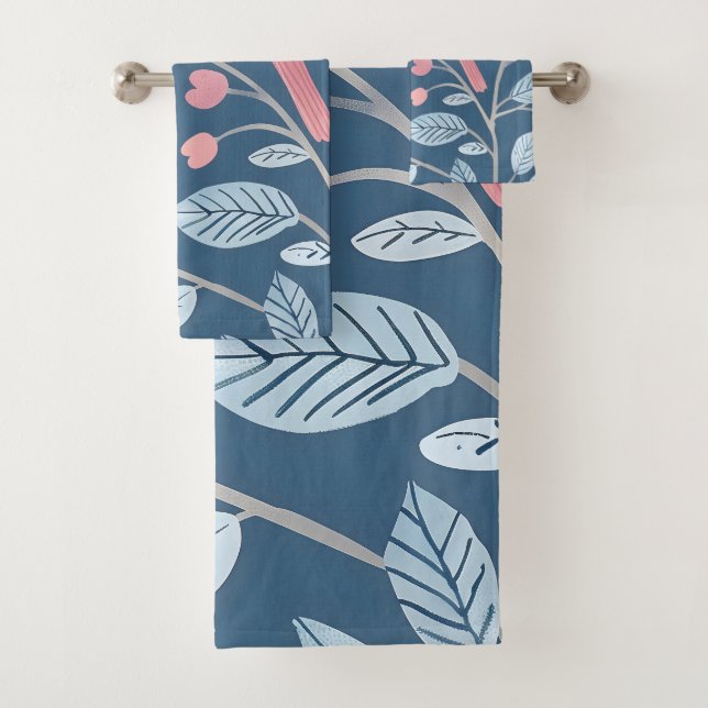 Cute pink birds on blue grey bath towel set (Insitu)