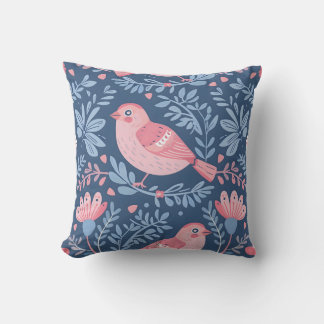 Cute pink birds on blue grey cushion