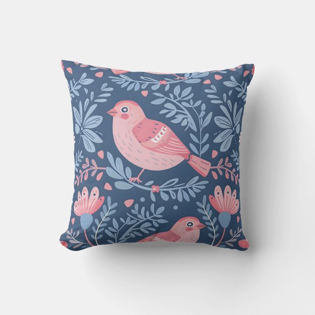 Cute pink birds on blue grey cushion (Front)