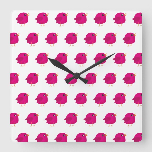 Cute Pink Birdy Illustration Square Wall Clock (Front)