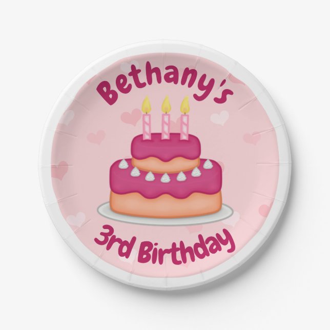 Cute Pink Birthday Cake 3 Candles for 3rd Birthday Paper Plate (Front)