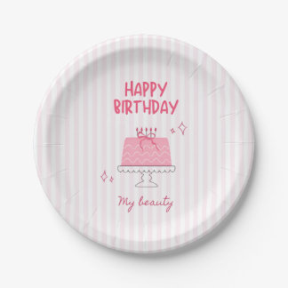 Cute Pink Birthday Cake "Happy Birthday My Beauty" Paper Plate