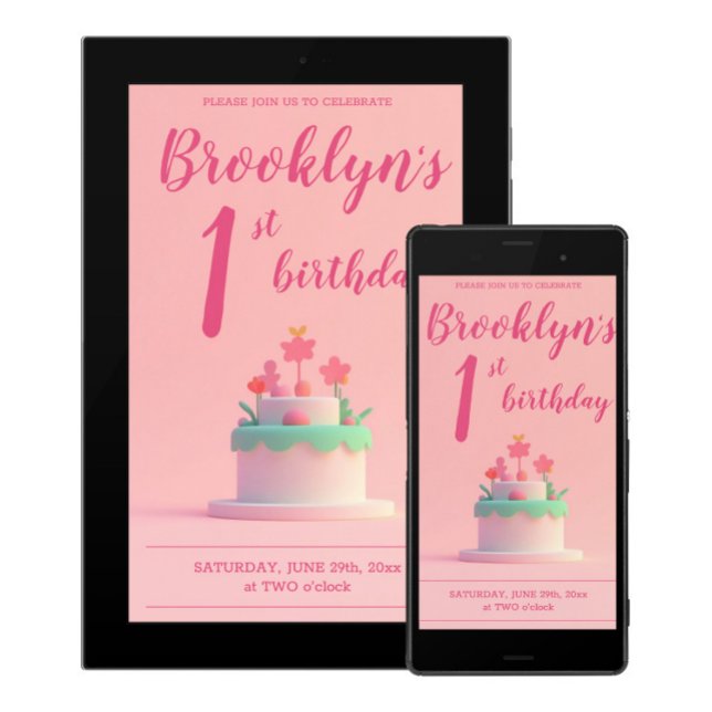  Cute Pink Birthday Party Invite Cake And Flowers (Creator Uploaded)