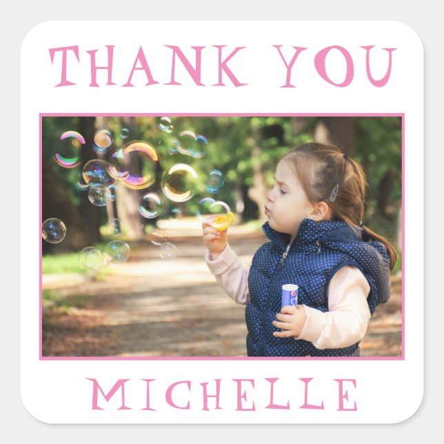 Cute Pink Birthday Thank you Photo Square Sticker (Front)