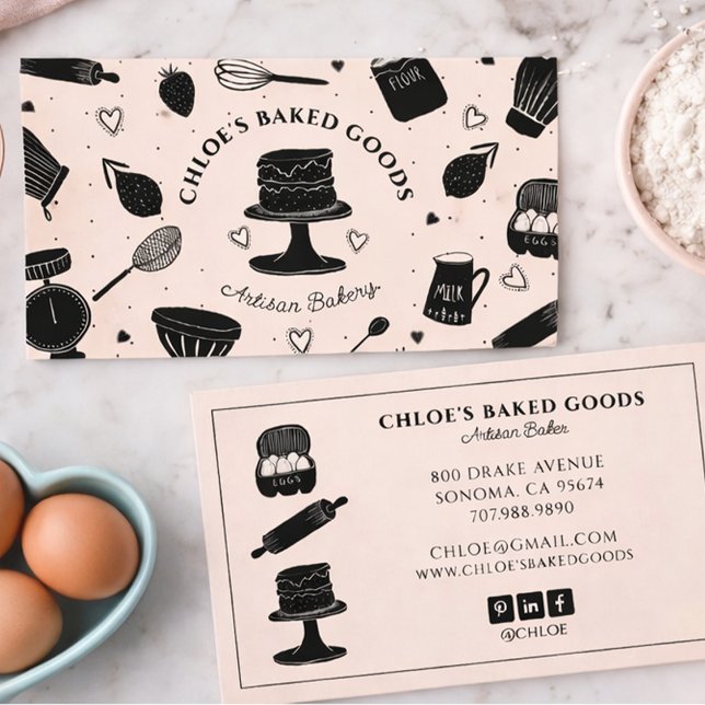 Cute Pink Black Baking Utensils Bakery Business Card (Creator Uploaded)