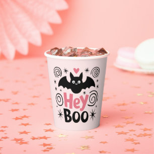 Cute Pink & Black Boo Bat Halloween Party Paper Cups