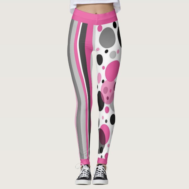 Cute Pink Black & Grey Abstract Polka Dot Leggings (Front)