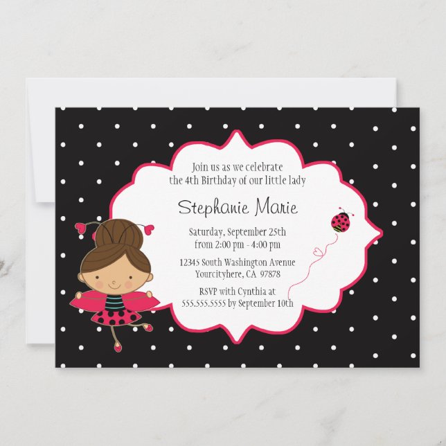 Cute pink black ladybug birthday party invitation (Front)