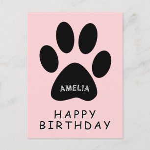 Cute Pink Black Paw Print Happy Birthday Postcard