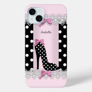 Cute Pink Black Polka Dots High Heel iPhone 15 Mini Case