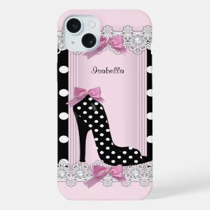 Cute Pink Black Polka Dots High Heel iPhone 15 Plus Case