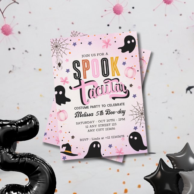 Cute Pink Black Spooktacular Halloween Birthday  Invitation (Creator Uploaded)