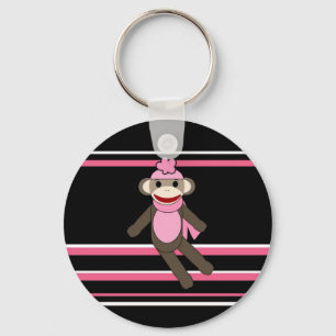 Cute Pink Black Stripe Sock Monkey Girl Flower Hat Key Ring