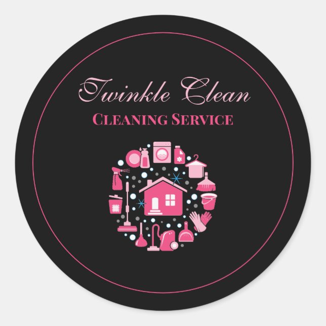 Cute Pink Black Supplies Cleaning Service Business Classic Round Sticker (Front)