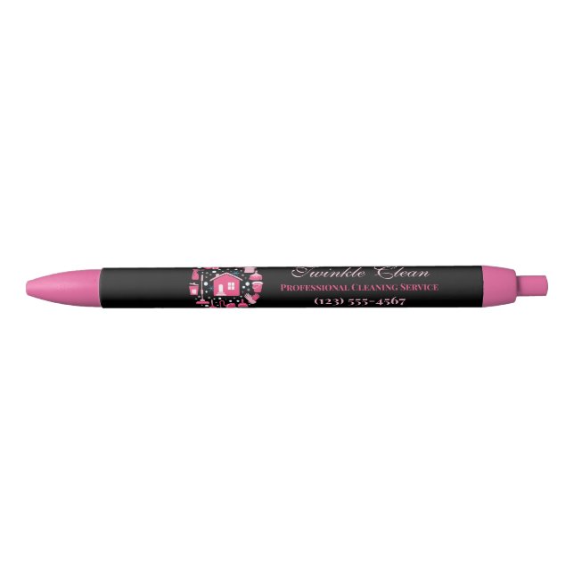 Cute Pink Black Supplies Cleaning Service Business Ink Pen (Front)