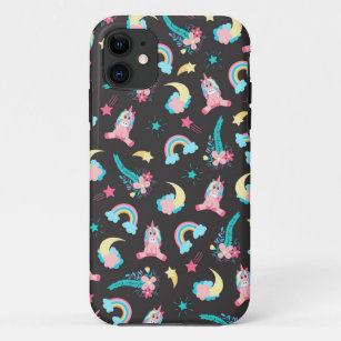 Cute Pink Black Unicorn Rainbow Floral Stars Case-Mate iPhone Case