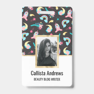 Cute Pink Black Unicorn Rainbow Floral Stars ID Badge