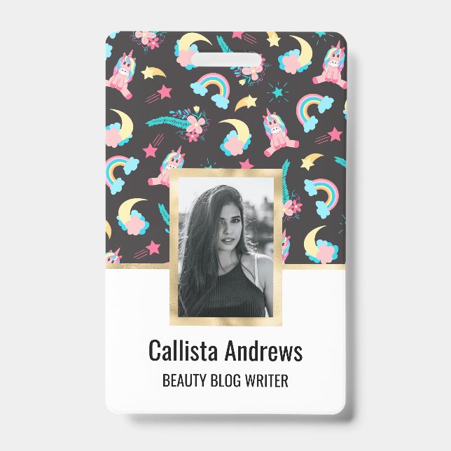 Cute Pink Black Unicorn Rainbow Floral Stars ID Badge (Front)
