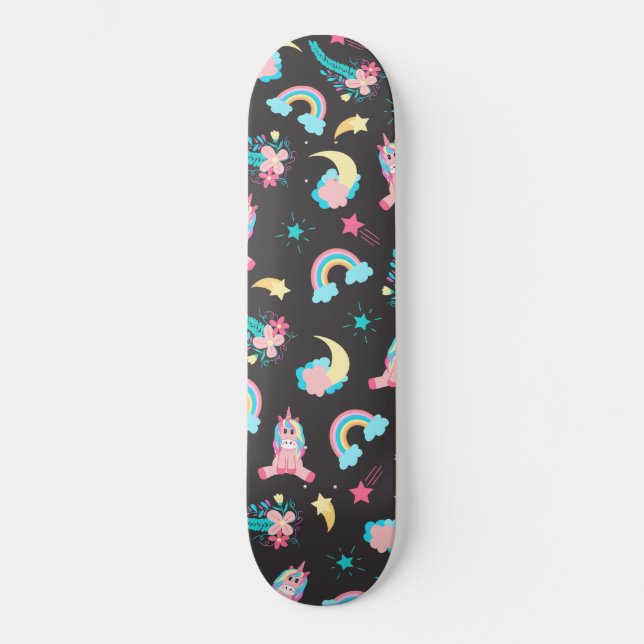 Cute Pink Black Unicorn Rainbow Floral Stars Skateboard (Front)