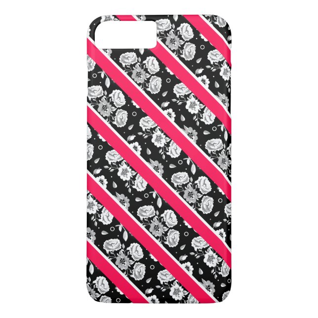 Cute pink black white flowers stripes Case-Mate iPhone case (Back)